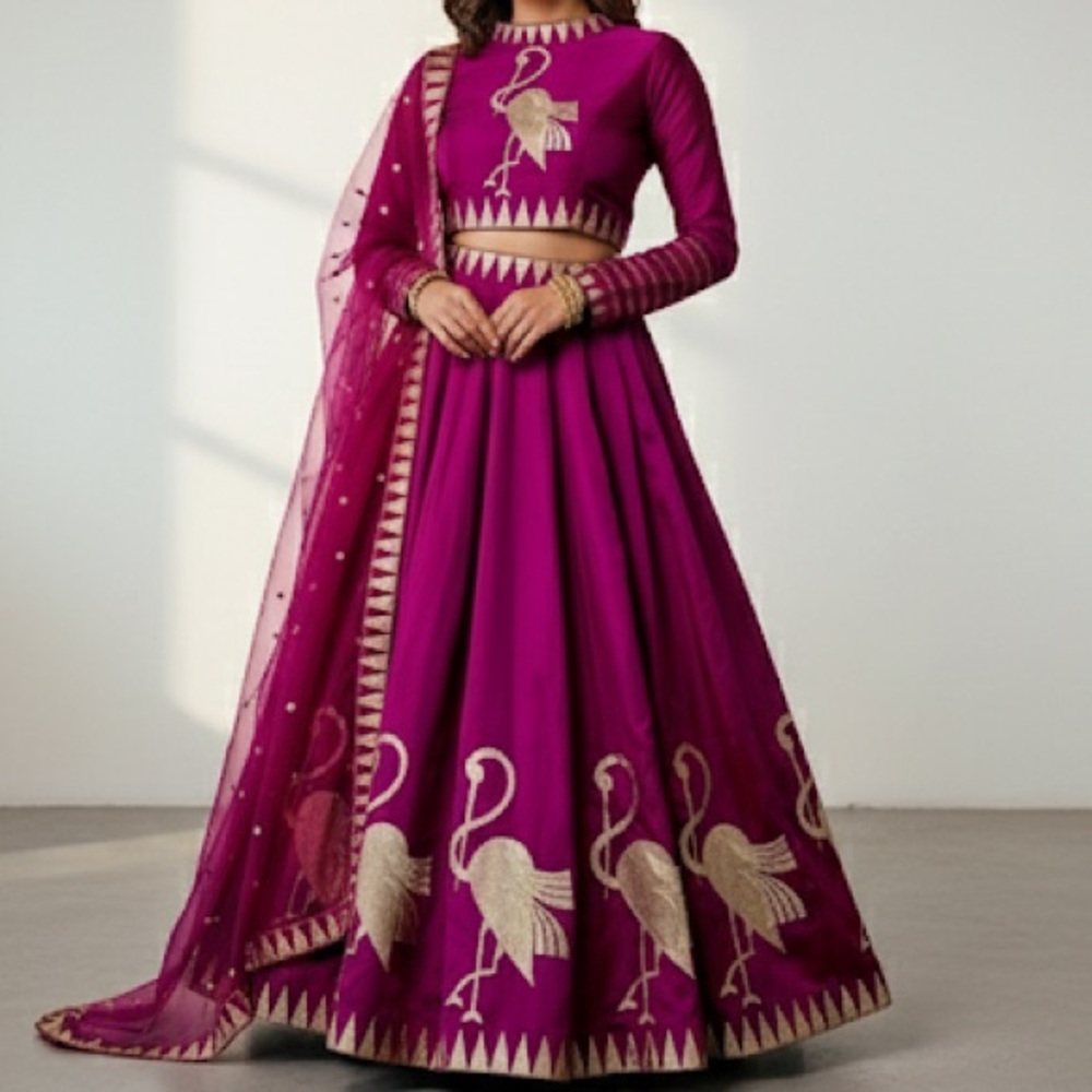 Magenta Embroidered Flamingo Lehenga Set